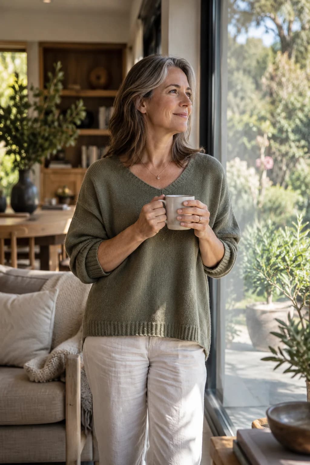 Woman holding a cup beside a window in a calm home interior