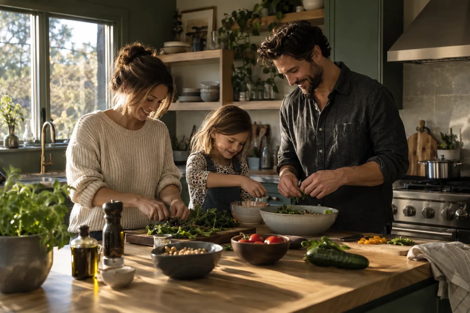 Family preparing a meal together around a kitchen island