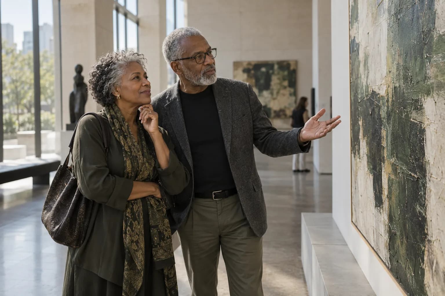 An older couple discussing a painting together in a bright art gallery