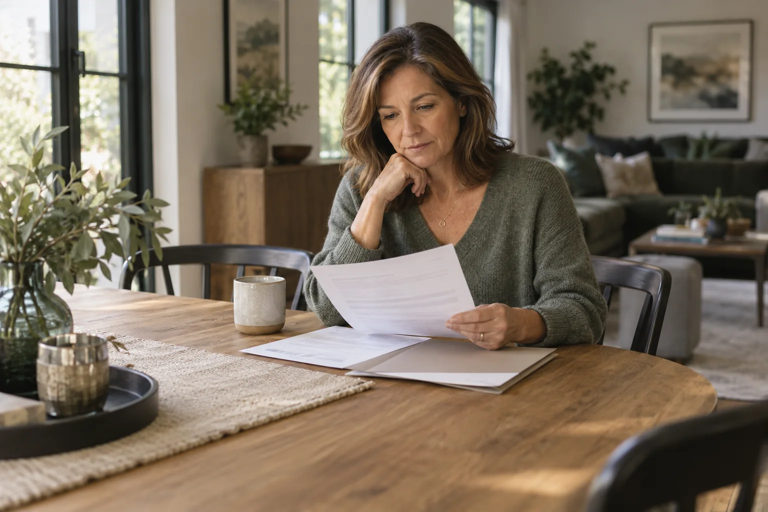 Woman reviewing paperwork at a wooden dining table in her home