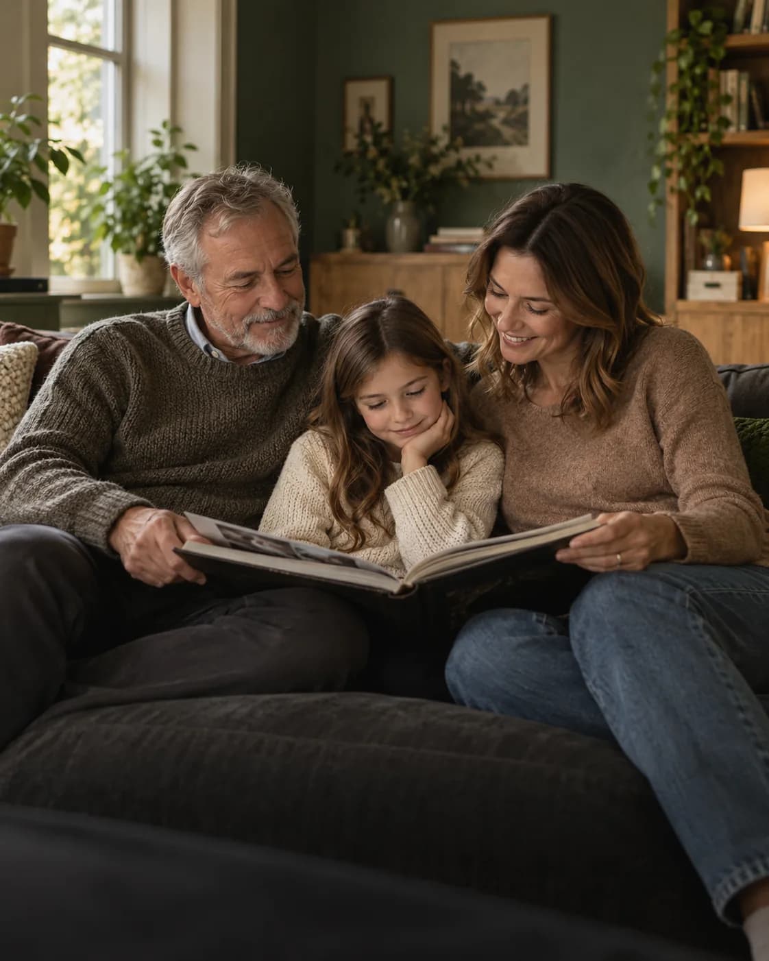 Two adults and a child looking through a photo album together on a sofa